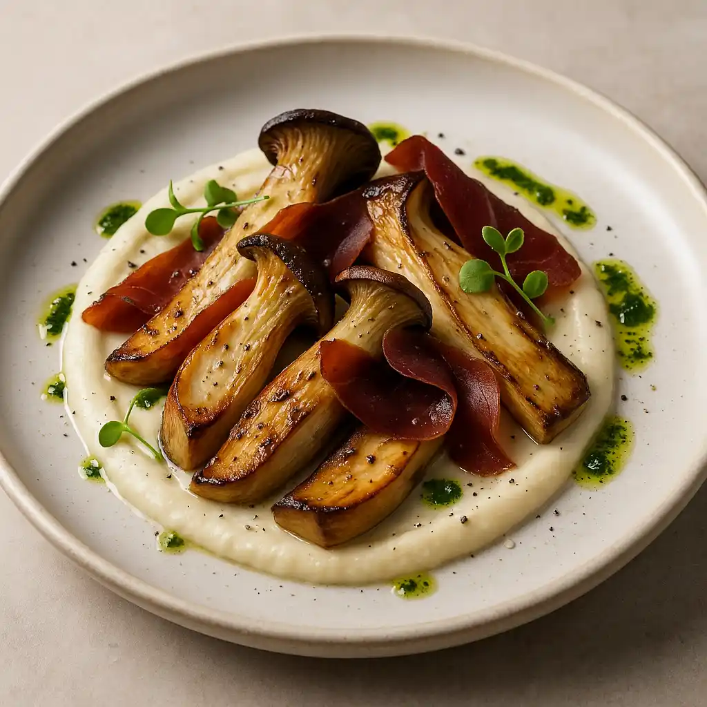 Setas de Cardo con Cecina, Crema de Coliflor y Aceite de Hierbas