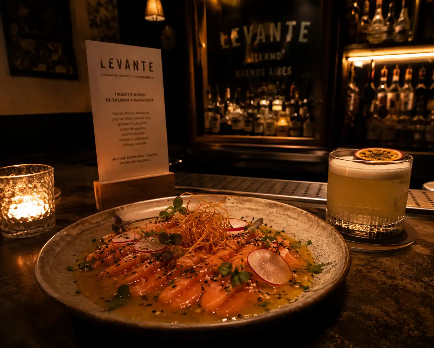 Tiradito nikkei de salmón y maracuyá